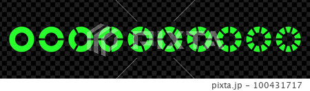 Fractions pie divided for math. Green circle pie with pieces. Segment slice set. Simple geometry. Vector isolated illustration 100431717