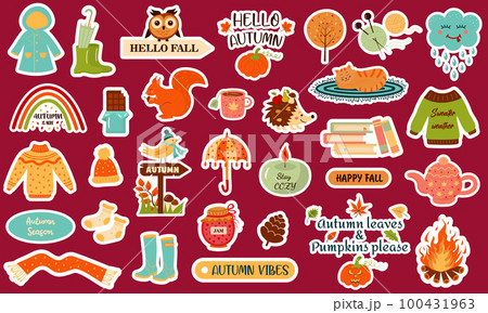 Autumn stickers collection with cozy seasonal elements. All stickers with a white border. Animals, quotes, nature, things.  100431963