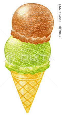 ダブルのアイスクリームの色鉛筆画ワンポイント　 100431994