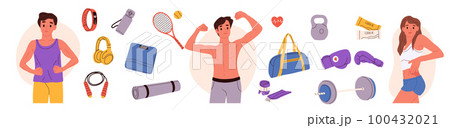 Various sport inventory set. Inventory for fitness ,athletics people, gym accessory. Different sport equipment. Isolated flat vector illustration. 100432021