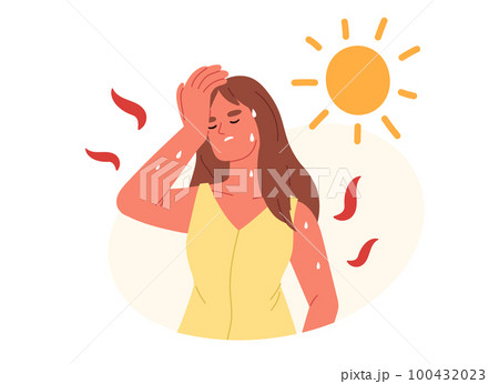 Unbearable heat. Young woman suffering from heat stroke symptom, sweat, high body temperature, dehydration, perspire and headache. Hot summer with sun.Flat vector illustration 100432023