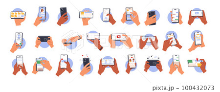 Hands holding smartphone. Phone applications for everyday life. People handling gadgets. Human hand touch smartphone screen. Flat vector illustration 100432073