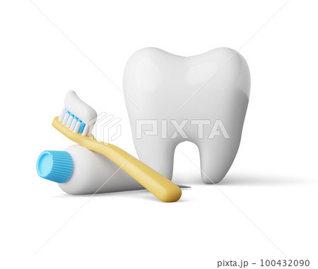White teeth cute cartoon style decorated with yellow toothbrush and toothpaste tube 3d render White teeth cute cartoon style decorated with yellow toothbrush and toothpaste tube 3d render 100432090