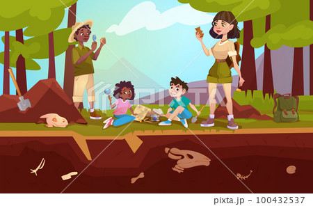 Cartoon adult and kids archaeologists exploring artifacts, studying dinosaurs fossil 100432537