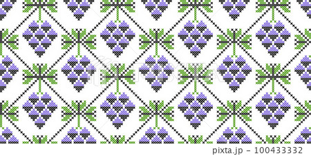 Grapes bunch vector seamless pattern. Background, texture for wine or juice label design. Grapes pattern. Pixel art, vyshyvanka, cross stitch Grapes bunch vector seamless pattern. Background, texture for wine or juice label design. Grapes pattern. Pixel art, vyshyvanka, cross stitch 100433332
