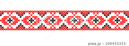 Ukrainian folk, ethnic pattern. Vector ornament, seamless border. Ukrainian folk, ethnic geometric embroidery. Pattern in red and black colors. Pixel art, vyshyvanka, cross stitch Ukrainian folk, ethnic pattern. Vector ornament, seamless border. Ukrainian folk, ethnic geometric embroidery. Pattern in red and black colors. Pixel art, vyshyvanka, cross stitch 100433353
