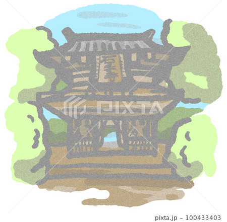 淡い色彩でこぼこの紙に書かれたような昔話風の石手寺 淡い色彩でこぼこの紙に書かれたような昔話風の石手寺 100433403