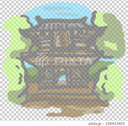 淡い色彩でこぼこの紙に書かれたような昔話風の石手寺 淡い色彩でこぼこの紙に書かれたような昔話風の石手寺 100433403