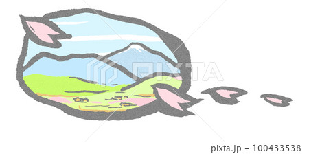 淡い色彩でこぼこの紙に書かれたような昔話風の春の里山 淡い色彩でこぼこの紙に書かれたような昔話風の春の里山 100433538