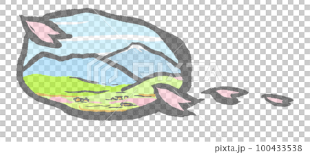 淡い色彩でこぼこの紙に書かれたような昔話風の春の里山 淡い色彩でこぼこの紙に書かれたような昔話風の春の里山 100433538