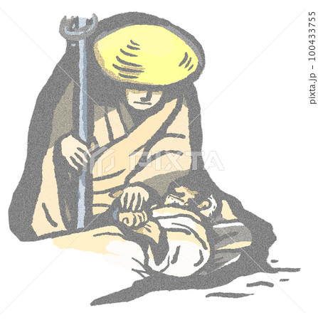 淡い色彩でこぼこの紙に書かれたような昔話風の衛門三郎と弘法大師再会シーン 100433755