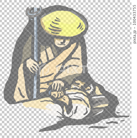 衛門三郎和弘法大師重逢的場景，古風的感覺就像寫在淺色凹凸紙上 100433755