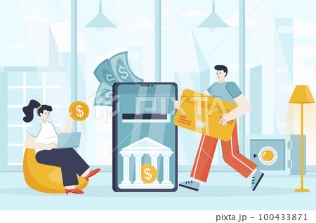 Mobile banking concept in flat design. Mobile application for bank transactions scene. Man and woman pay online, make deposits, accounting. Vector illustration of people characters for landing page 100433871