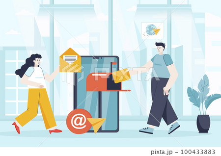 Mobile email service concept in flat design. Colleagues work at office scene. Man and woman sending newsletter, messaging, business marketing. Vector illustration of people characters for landing page 100433883