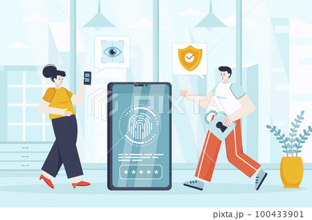 Biometric access control concept in flat design. Security service working scene. Man and woman use fingerprint scanner, access to device. Vector illustration of people characters for landing page Biometric access control concept in flat design. Security service working scene. Man and woman use fingerprint scanner, access to device. Vector illustration of people characters for landing page 100433901