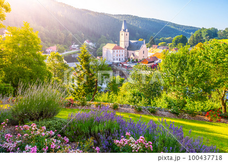 Rozmberk town panorama with Church of St. Nicholas, Rozmberk nad Vltavou, Czech Republic 100437718