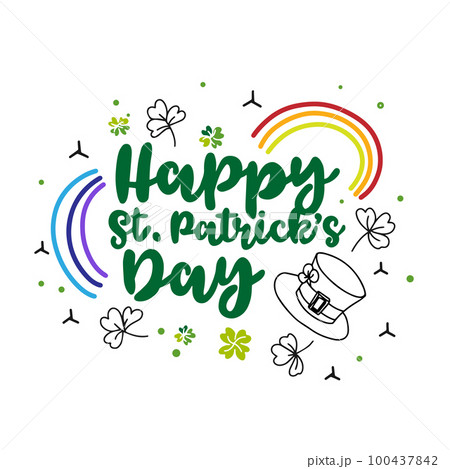 Happy Saint Patricks Day, greeting card on white background in doodle, rainbows 100437842