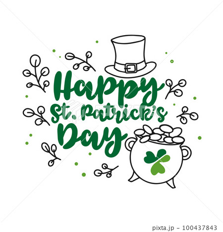 Happy Saint Patricks Day, shamrock, greeting card on white background in doodle 100437843