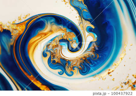 Fluid Art. Liquid blue and gold metallic swirl. Generative AI illustration 100437922