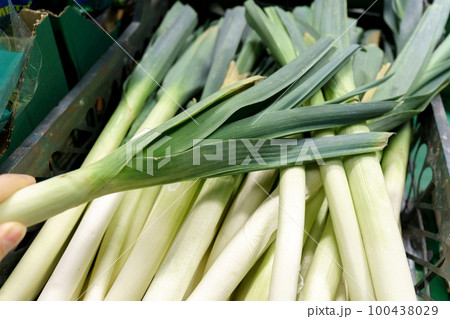 Organically grown leek, close-up selective focus. Sale of vegetables, in a grocery hypermarket 100438029
