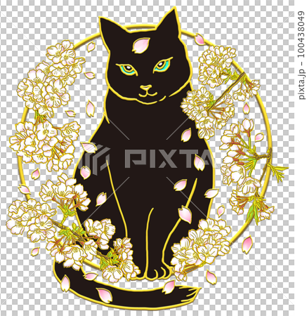 桜の花と猫_正面向_黒猫_背景透過 桜の花と猫_正面向_黒猫_背景透過 100438049