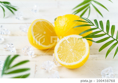 白い木目にレモンとヤシの葉と氷 100438768