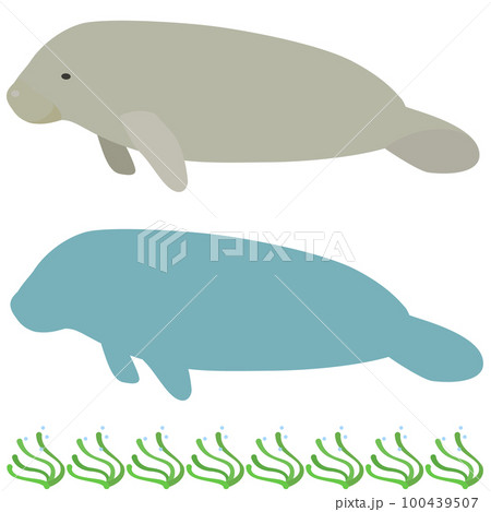 マナティーのマンガ風イラストとシルエットのアイコン、アマモのボーダー飾セット 100439507