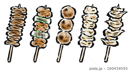 焼き鳥5本セット　皮・ねぎま・つくね・塩・軟骨　筆タッチ　ベクター 100439593