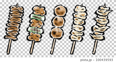 焼き鳥5本セット　皮・ねぎま・つくね・塩・軟骨　筆タッチ　ベクター 100439593