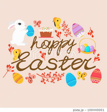 Easter poster and banner template with Easter eggs. Greetings and presents for Easter Day with rabbit. 100440001