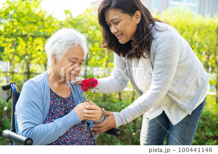 Caregver help Asian elderly woman holding red rose flower, smile and happy in the sunny garden. Caregver help Asian elderly woman holding red rose flower, smile and happy in the sunny garden. 100441146