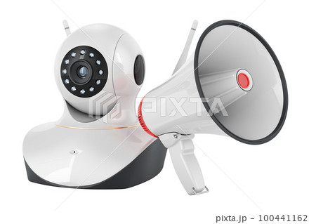 Megaphone with Internet Protocol camera, 3D rendering Megaphone with Internet Protocol camera, 3D rendering 100441162