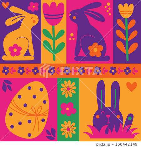 Easter colorful abstract elements tiles set. Modern pattern geometric abstract style. Easter eggs, rabbit, flowers. Vector illustration. Minimal hand drawn style flat poster, cover, postcard. Easter colorful abstract elements tiles set. Modern pattern geometric abstract style. Easter eggs, rabbit, flowers. Vector illustration. Minimal hand drawn style flat poster, cover, postcard. 100442149