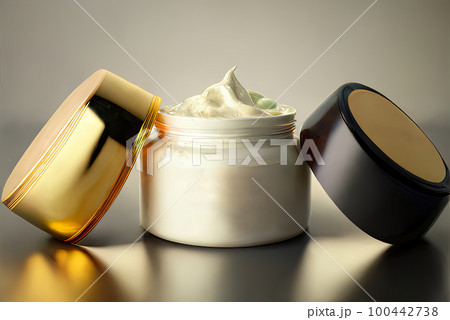 One open jar of cosmetic cream, with a gold and black lid, stand side by side 100442738