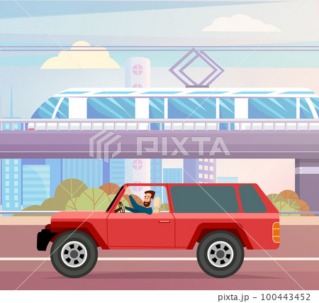 Modern car parking along town street in cartoon style. Vehicles car on city street 100443452