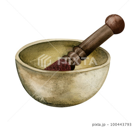 Watercolor bronze singing bowl with wooden stick, pestle. Sound holistic healing, sound bath therapy for relaxation 100443793