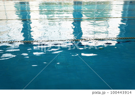 A swimming pool prepared for training without people. Clear blue water with dividing lines for swimming. With space to copy. High quality photo 100443914