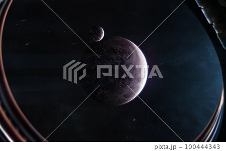 Inhabited deep space planets. View from porthole 100444343