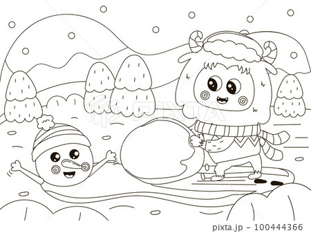 Funny coloring page with cute Yeti character making snowman, winter themed printable activity 100444366