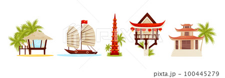 Vietnam Country Attribute with Hut, Boat, Pagoda and Temple Vector Set 100445279