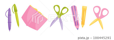 School Supplies with Book, Pen, Scissors and Pencil Vector Set School Supplies with Book, Pen, Scissors and Pencil Vector Set 100445291