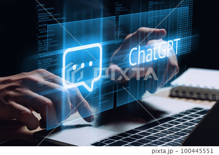 Chatgpt concept. Artificial intelligence. The person uses a laptop and communicates with a neural network. Chatgpt concept. Artificial intelligence. The person uses a laptop and communicates with a neural network. 100445551