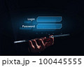 Security concept and holographic bars with password and login. The person is holding a tablet. 100445555