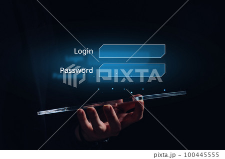 Security concept and holographic bars with password and login. The person is holding a tablet. Security concept and holographic bars with password and login. The person is holding a tablet. 100445555
