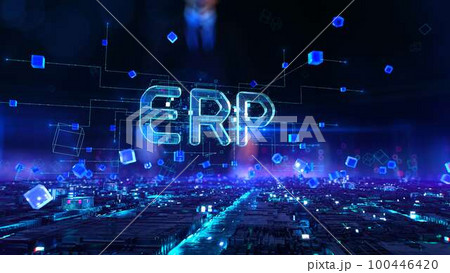 ERP - businessman working and touching virtual reality at night office. 100446420
