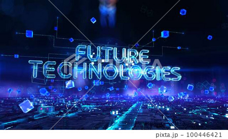 Future Technologies - businessman working and touching virtual reality at office 100446421