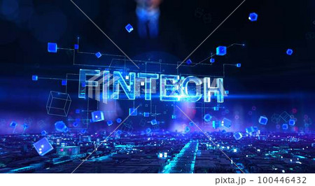 Fintech - businessman working and touching with virtual reality at night office. Fintech - businessman working and touching with virtual reality at night office. 100446432