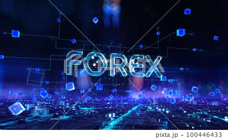 Forex - businessman working and touching with virtual reality at night office. Forex - businessman working and touching with virtual reality at night office. 100446433
