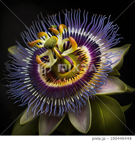 Lovely unusual purple passionflower flower isolated on black close-up, beautiful floral background, unusual wallpaper 100446448