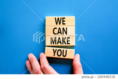 Support and we can make you symbol. Concept words We can make you on wooden blocks. Beautiful blue table blue background. Businessman hand. Business psychological we can make you concept. Copy space Support and we can make you symbol. Concept words We can make you on wooden blocks. Beautiful blue table blue background. Businessman hand. Business psychological we can make you concept. Copy space 100446516